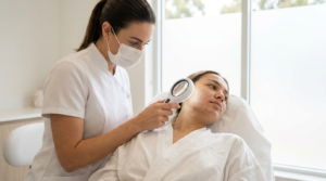 Skincare clinician using a magnifying skin-analysis lamp to examine the acne-prone cheek of an adult client in a bright clinic